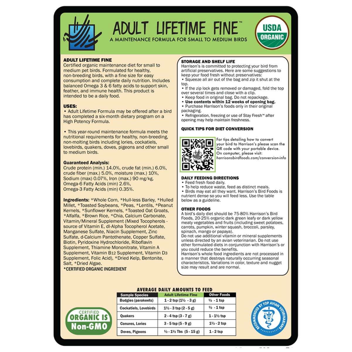 Harrison's Adult Lifetime Fine feeding directions, ingredients and storage information