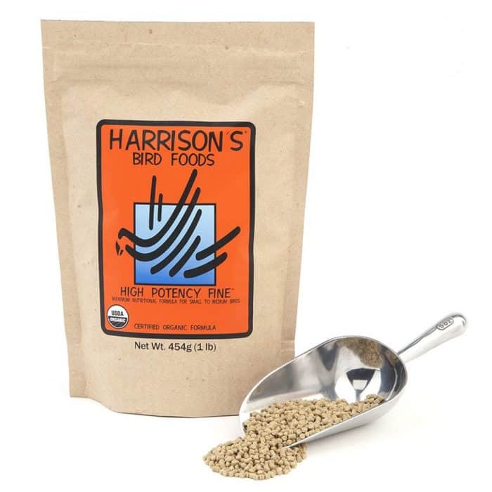 Harrison's High Potency Fine 454g bird food with fine pellets and feeding scoop