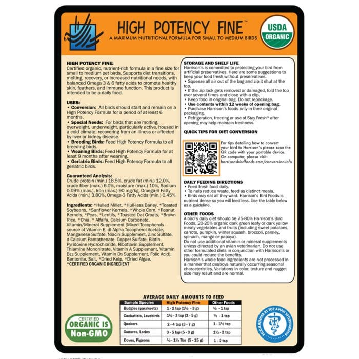 Harrison's High Potency Fine feeding directions, ingredients and storage information