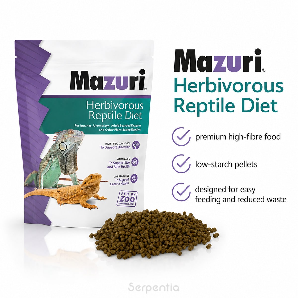 Mazuri Herbivorous Reptile Diet 226g high-fibre, low-starch pellets designed for easy feeding and reduced waste