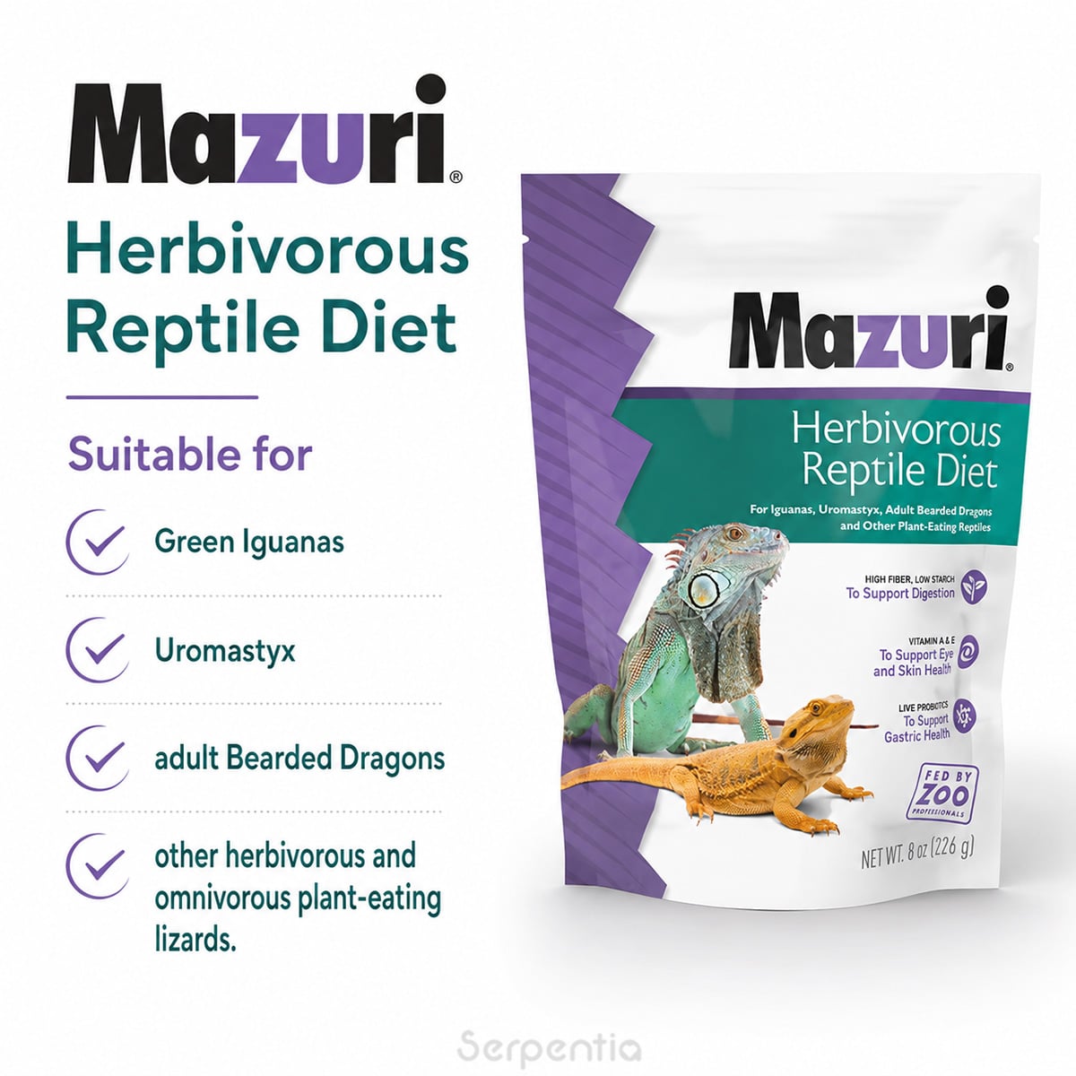 Mazuri Herbivorous Reptile Diet 226g suitable for green iguanas, uromastyx, adult bearded dragons and other plant-eating lizards