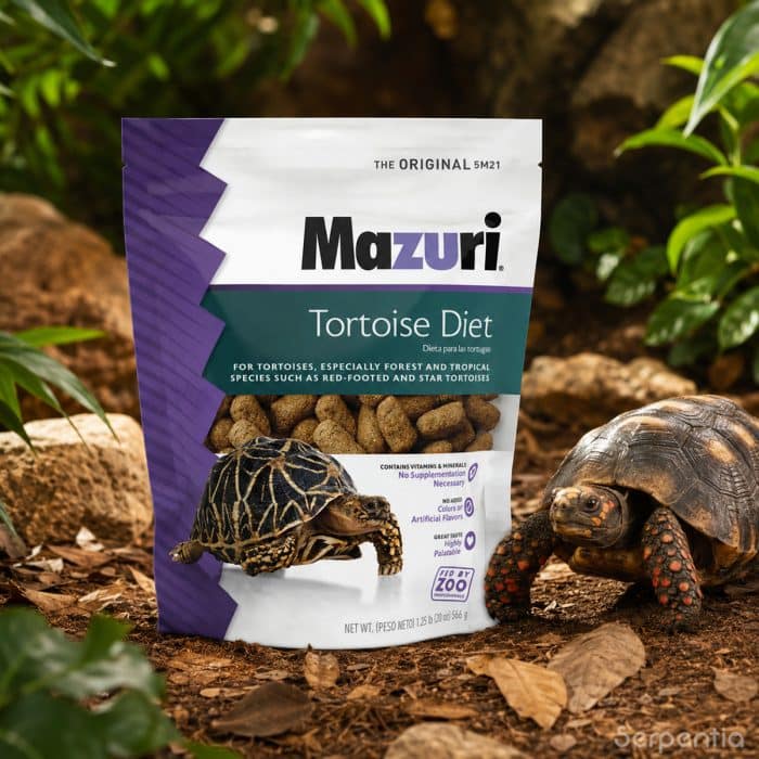 Mazuri Tortoise Diet 566g with a red-footed tortoise in a tropical forest habitat