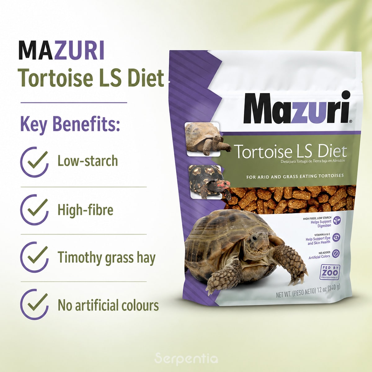 Mazuri Tortoise LS Diet 340g key benefits including low starch, high fibre, Timothy grass hay and no artificial colours