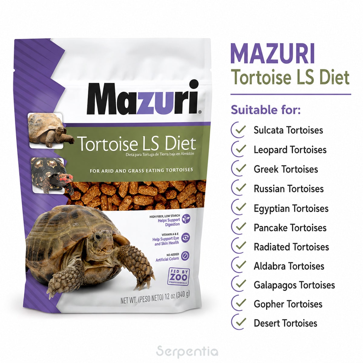 Mazuri Tortoise LS Diet 340g suitable species guide for arid and grass-eating tortoises