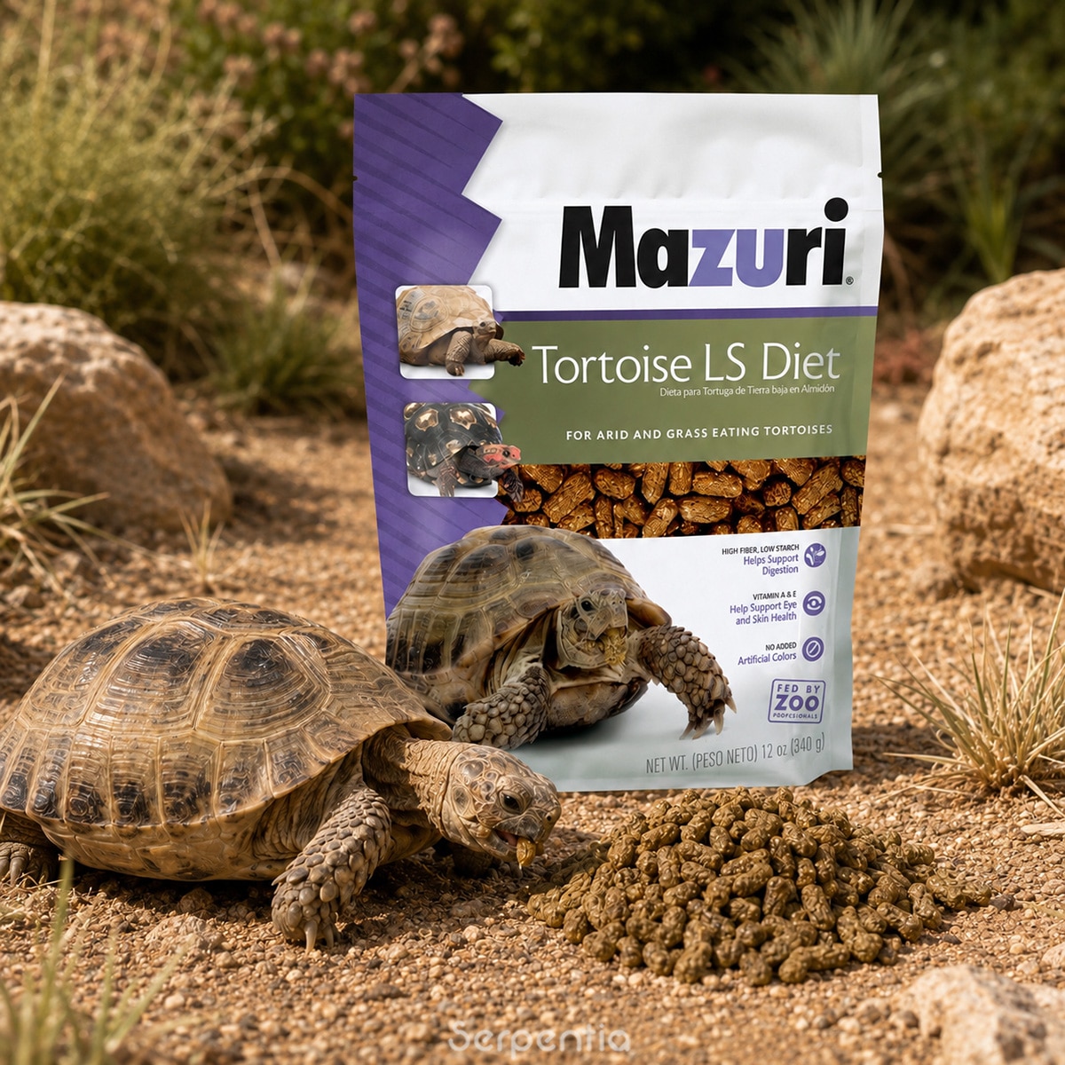 Mazuri Tortoise LS Diet 340g with pellets and a grass-eating tortoise in an arid habitat
