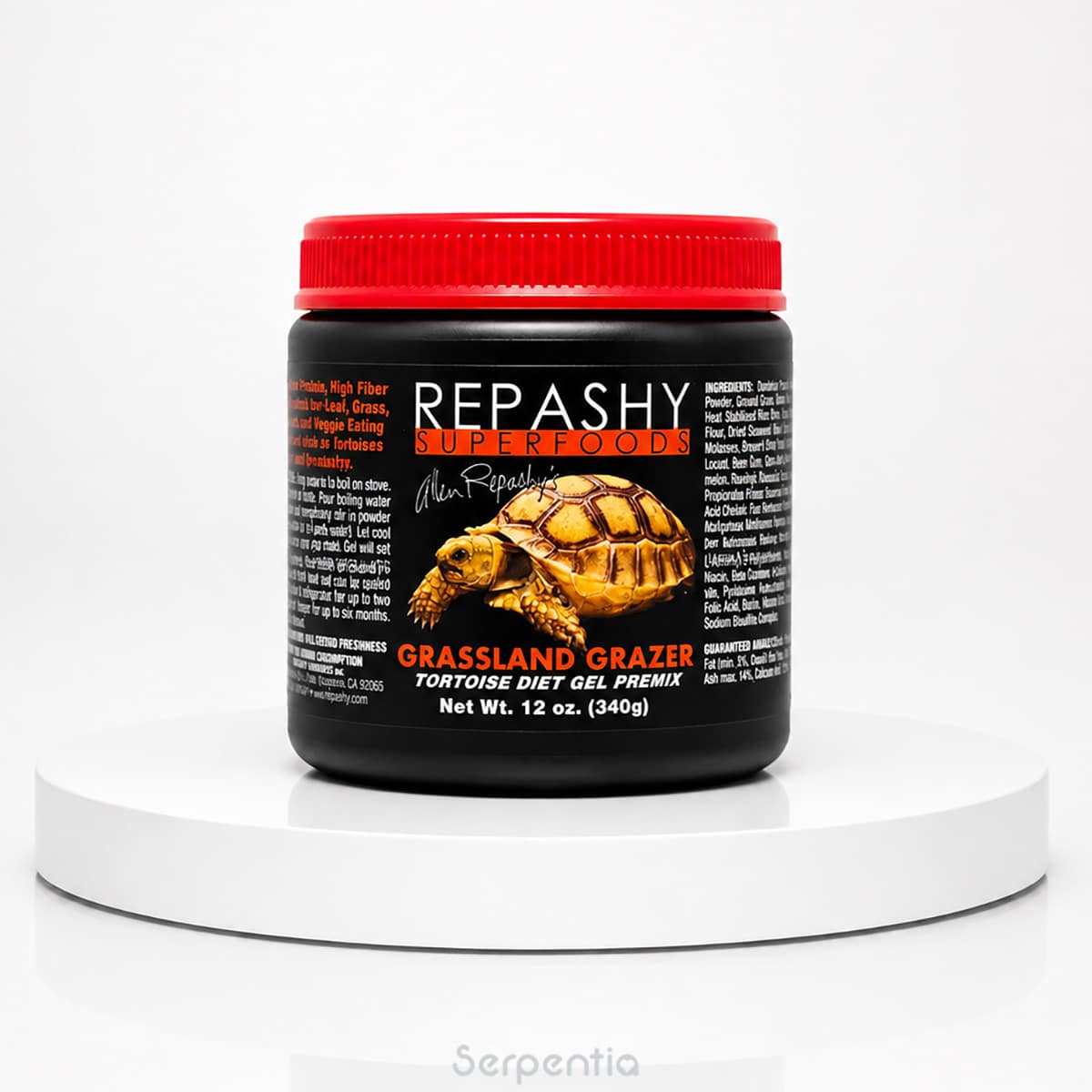 Repashy Grassland Grazer 340g tortoise diet gel premix container on a white display stand