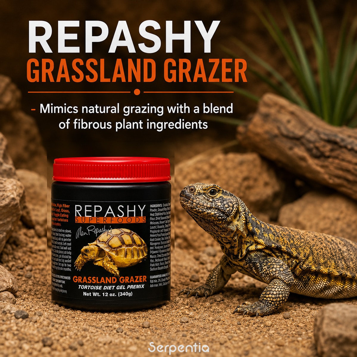 Repashy Grassland Grazer 340g fibrous plant-based gel diet shown with a uromastyx