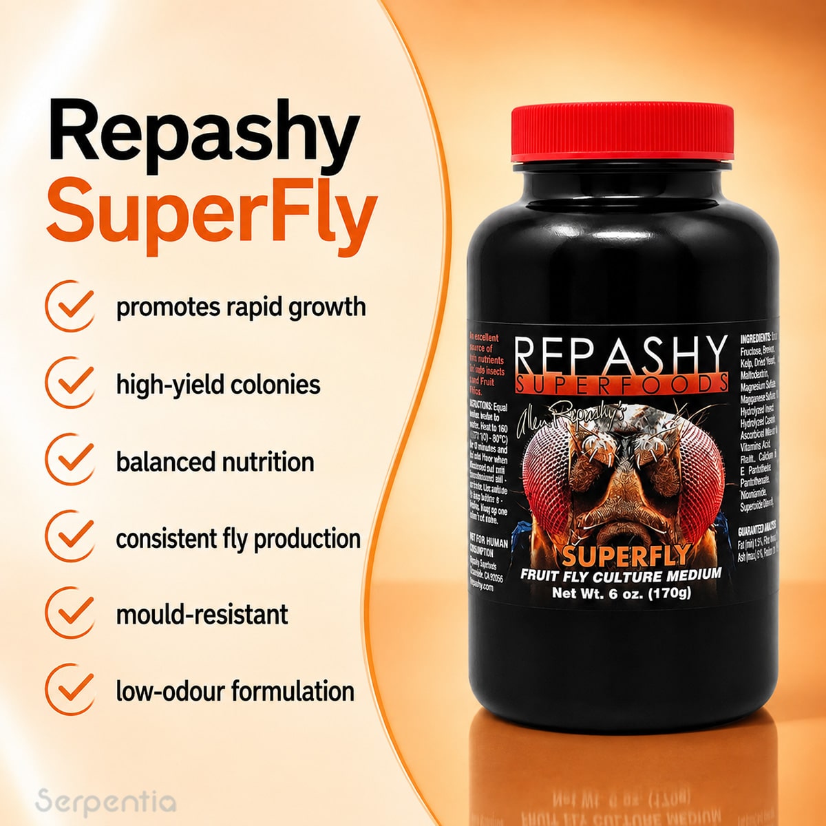 Repashy SuperFly 170g fruit fly culture medium key benefits including rapid growth and high-yield colonies