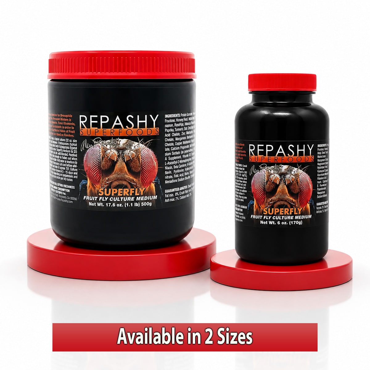 Repashy SuperFly fruit fly culture medium showing available sizes 170g and 500g
