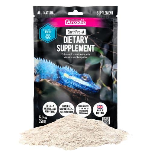 Arcadia EarthPro-A 350g reptile dietary supplement shown with the mineral and vitamin powder