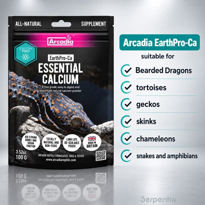 Arcadia EarthPro-Ca 100g essential calcium supplement suitable for bearded dragons, tortoises, geckos, skinks, chameleons, snakes and amphibians