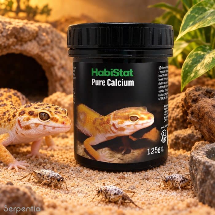 HabiStat Pure Calcium 125g with leopard gecko and feeder insects