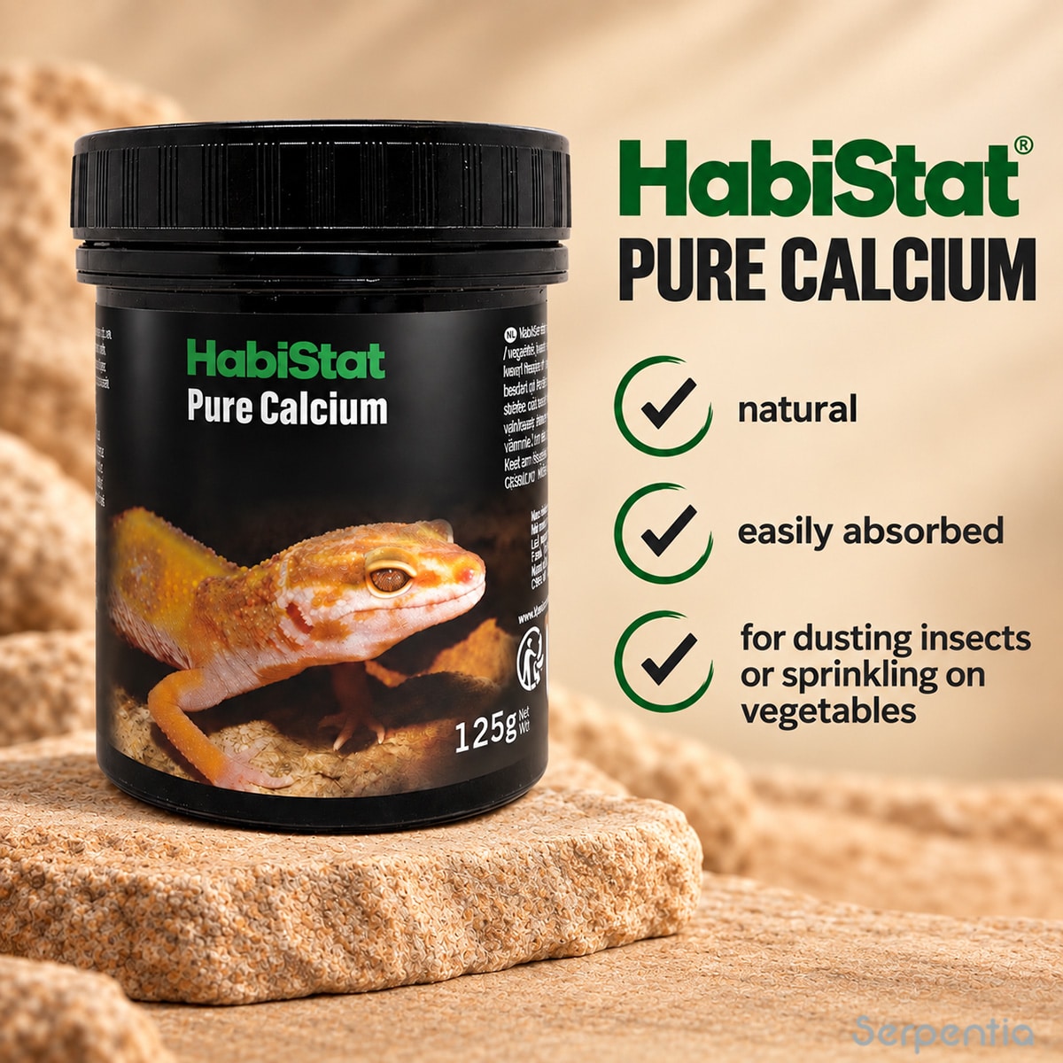 HabiStat Pure Calcium 125g natural reptile calcium supplement for dusting insects or sprinkling on vegetables