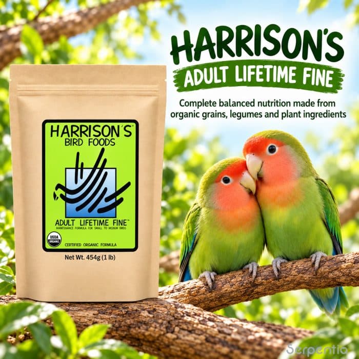 Harrison’s Adult Lifetime Fine 454g bird food shown with lovebirds