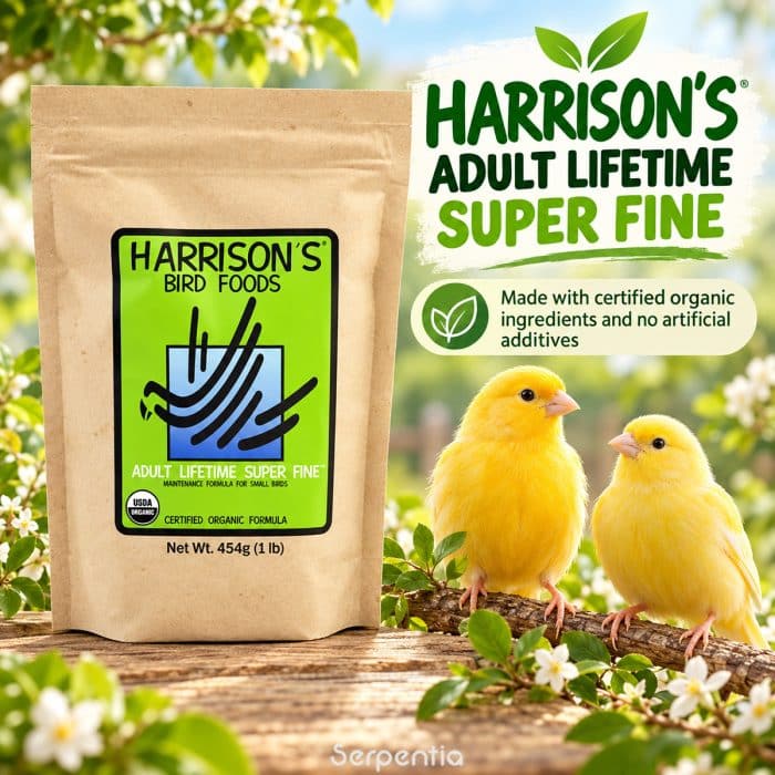 Harrison's Adult Lifetime Super Fine 454g organic bird food with two canaries