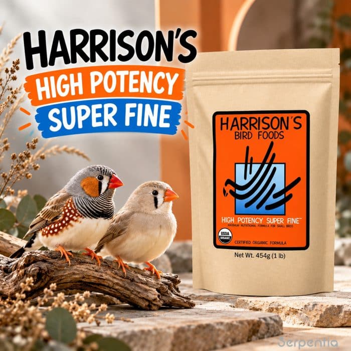 Harrison's High Potency Super Fine 454g bird food with two zebra finches