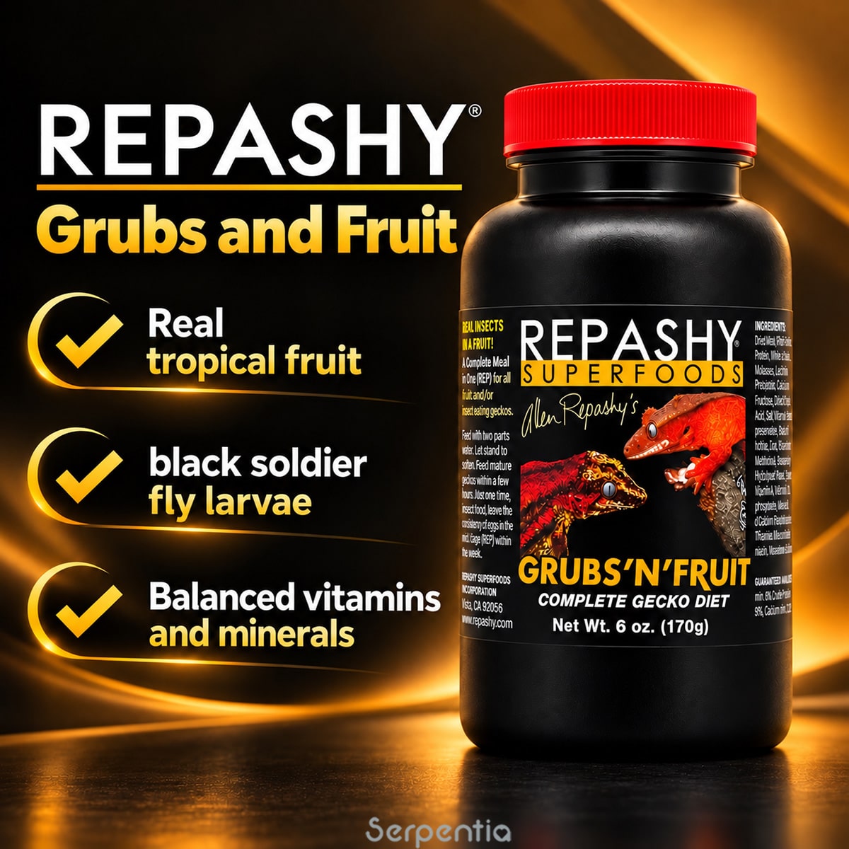 Repashy Grubs N Fruit 170g complete gecko diet with tropical fruit, black soldier fly larvae, vitamins and minerals