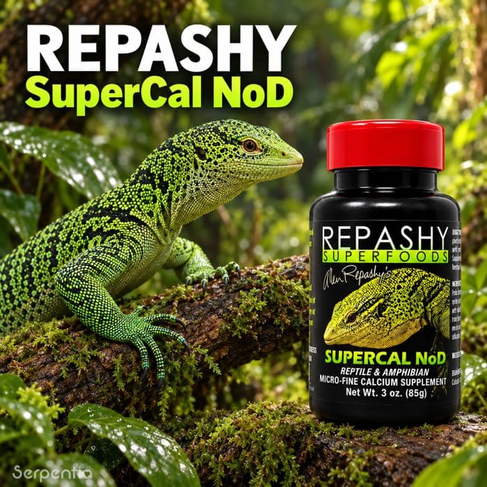Repashy SuperCal NoD 85g calcium supplement shown with a monitor lizard in a naturalistic habitat