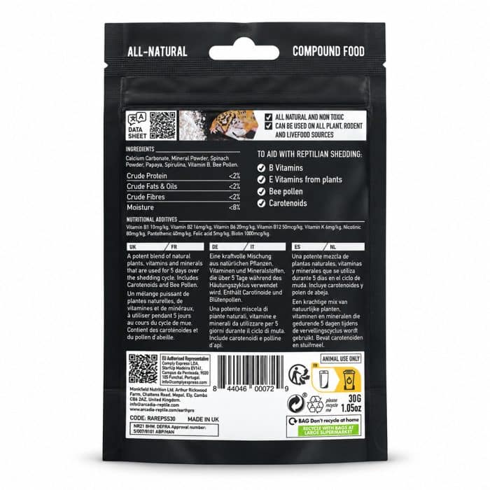 Arcadia EarthPro ShedSupport 30g back label showing ingredients, nutritional information and shedding directions
