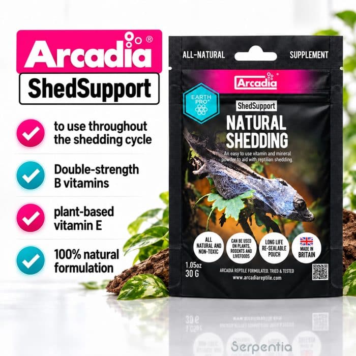 Arcadia EarthPro ShedSupport 30g showing B vitamins, plant-based vitamin E and natural shedding support