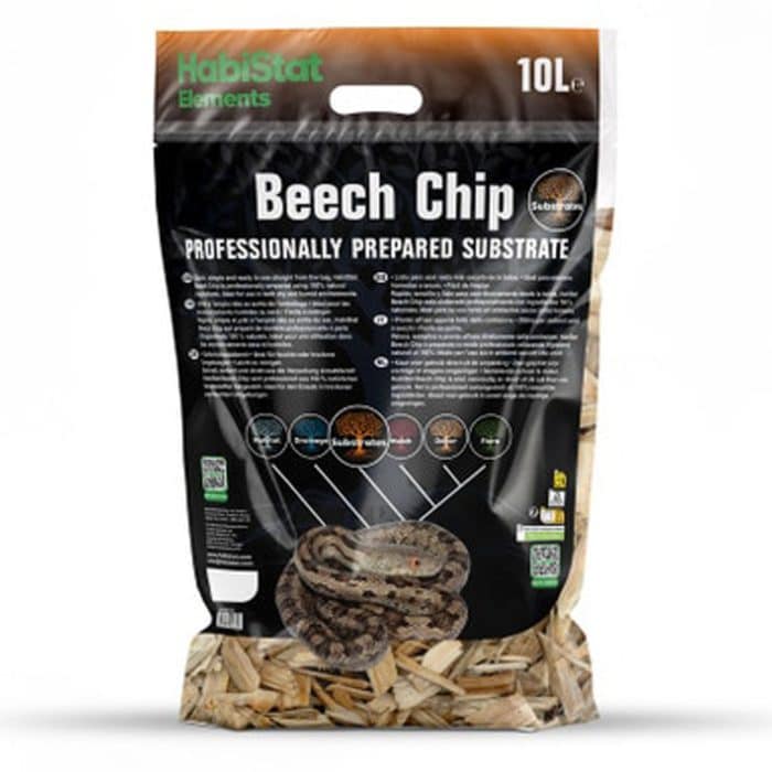 Back of HabiStat Elements Beech Chip 10L reptile substrate packaging with product information