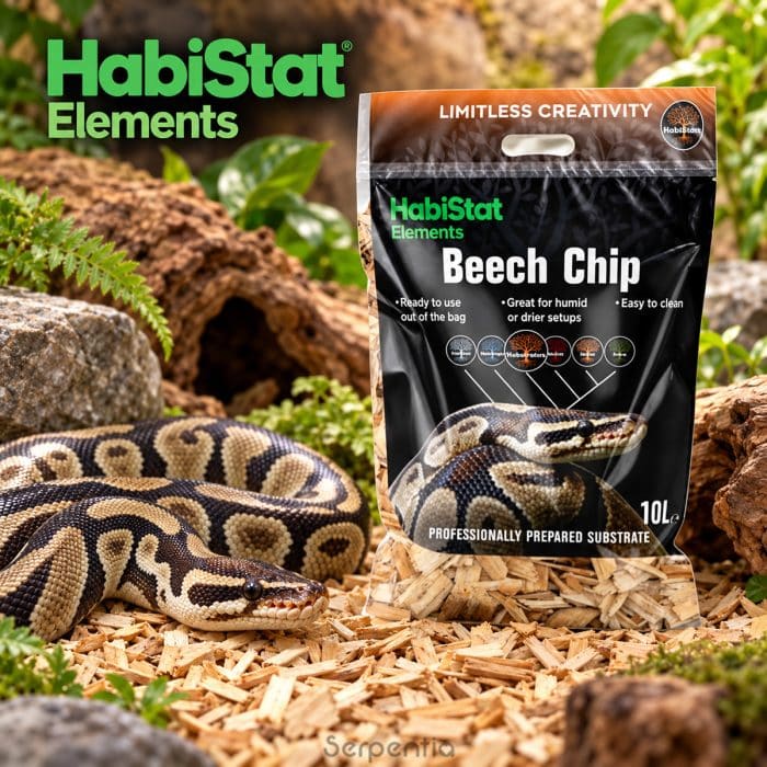 HabiStat Elements Beech Chip 10L substrate displayed with a Ball Python snake in a natural reptile enclosure