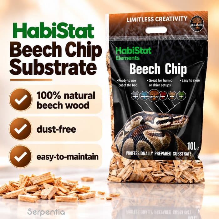 HabiStat Elements Beech Chip 10L reptile substrate highlighting natural beech wood, dust-free and easy-to-maintain benefits