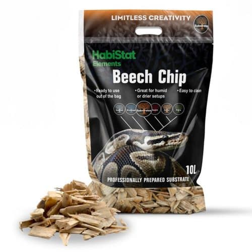 HabiStat Elements Beech Chip 10L reptile substrate with loose beech chips displayed beside the bag
