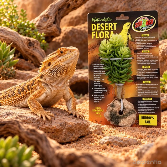 Zoo Med Desert Flora Burro's Tail artificial terrarium plant displayed beside a bearded dragon