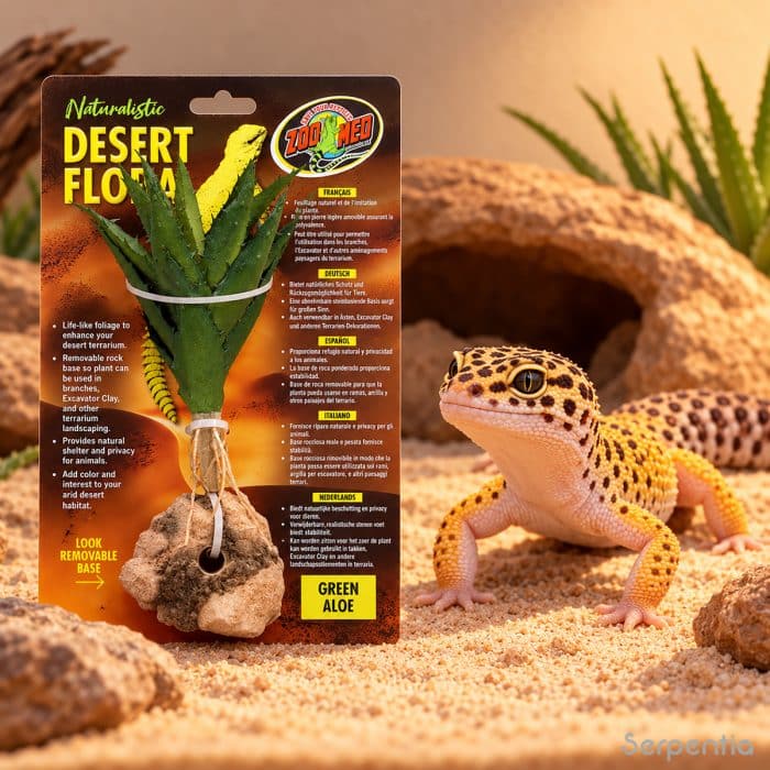 Zoo Med Desert Flora Green Aloe artificial terrarium plant in packaging beside a leopard gecko in a desert enclosure