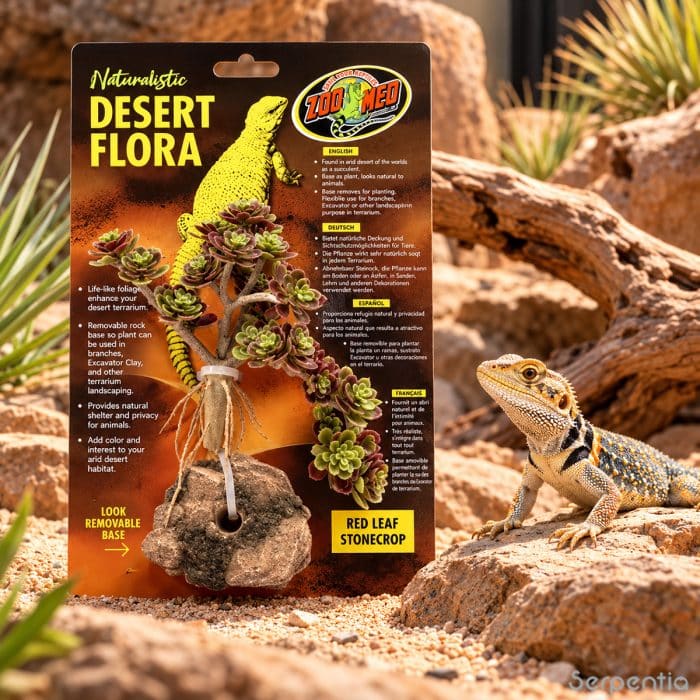 Zoo Med Desert Flora Red Leaf Stonecrop artificial plant in a desert vivarium with lizard
