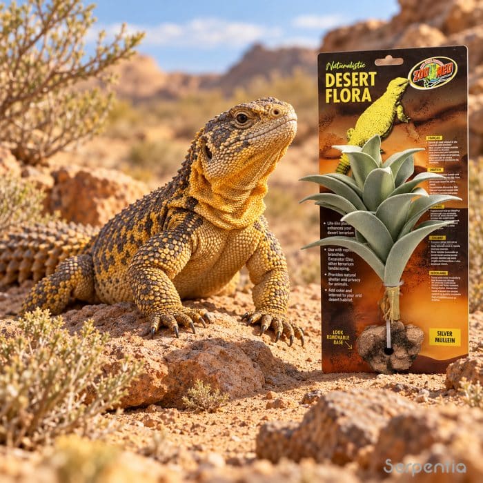 Zoo Med Desert Flora Silver Mullein artificial terrarium plant in retail packaging beside a uromastyx lizard