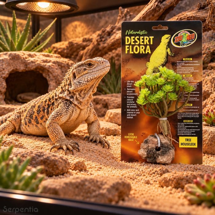 Zoo Med Desert Flora Tree Houseleek artificial terrarium plant in packaging beside a spiny tail lizard in a desert enclosure